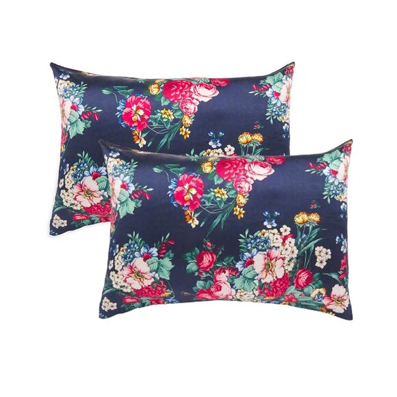 Johnny Was Decklyn Pillow Case Silk Flower Zipper Navy Blue Pink Home 2 pc NEW - Picture 1 of 11